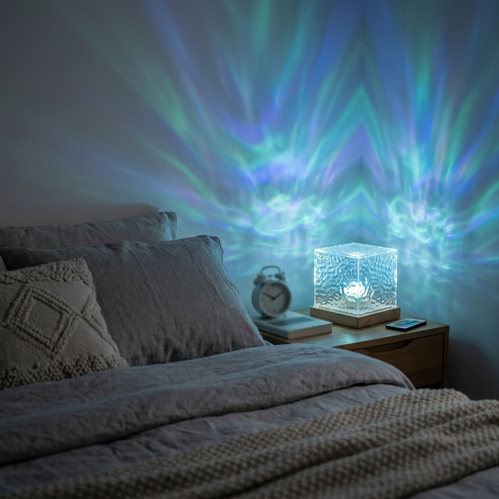 Lampara Aurora boreal encendida colores velador dormitorio